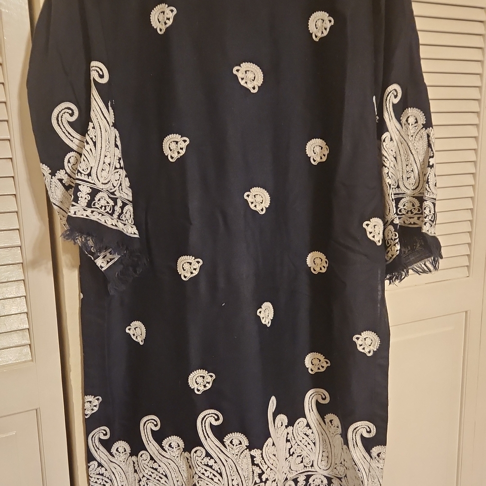 Elegant Navy and White Embroidered Marina Kurti And Trouser Medium
